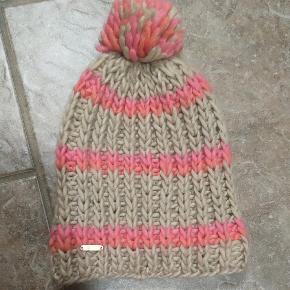 Free People Knit Beanie with Pom Pom - Beige and Pink